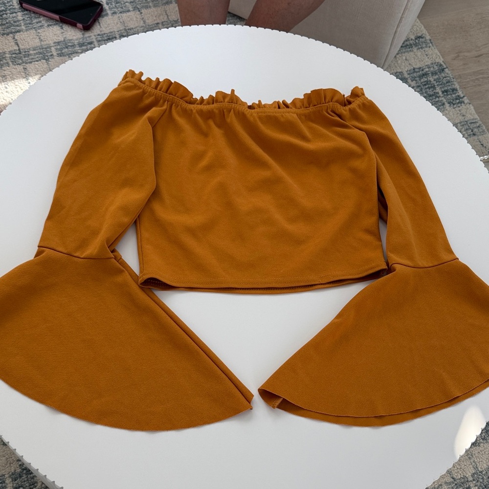 Off-Shoulder Bell-Sleeve Crop Top - Mustard
